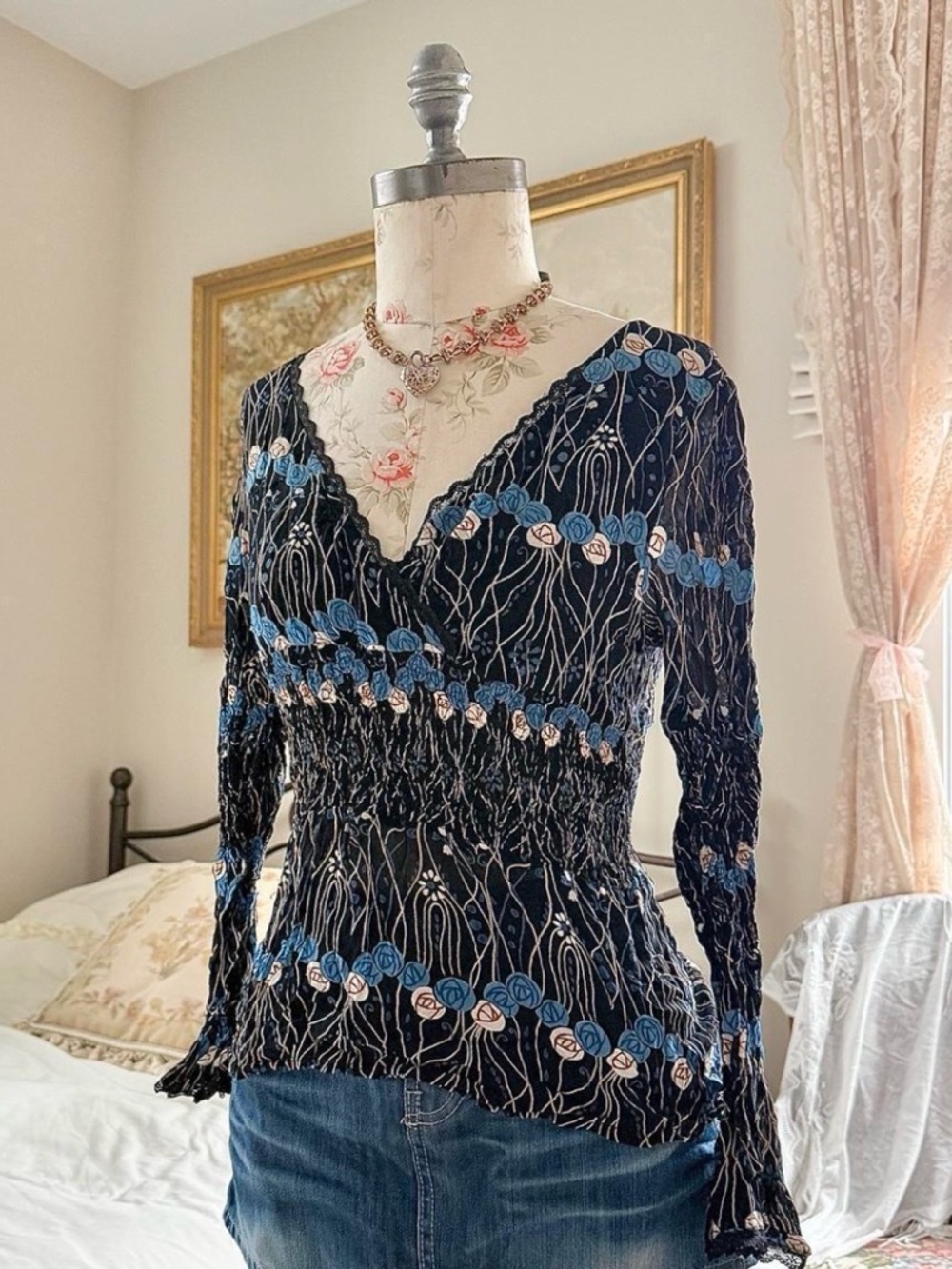 American Angel  Black V-Neck Long Sleeve Blouse with Blue Floral Trim